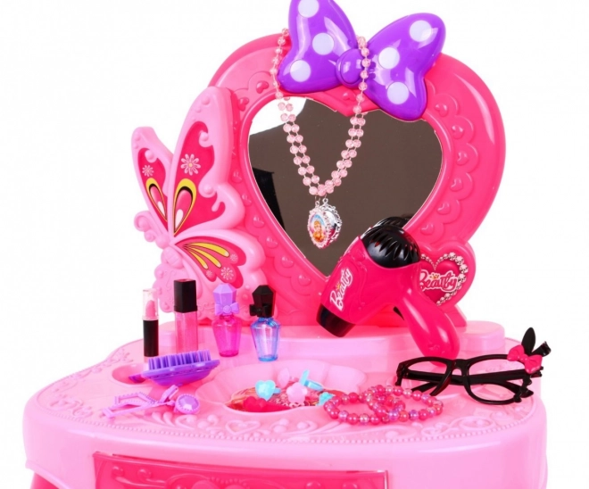 Coiffeuse rose avec miroir et tabouret + accessoires de coiffure et sèche-cheveux