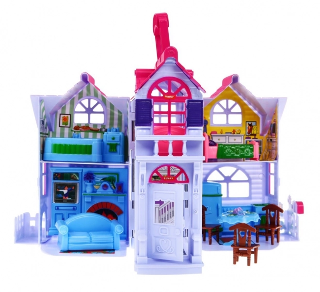 Maison de poupées pliable 3+ Violet + figurines de famille + chien + meubles + 2 étages