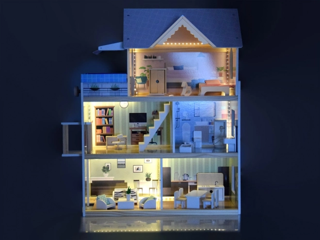 Maison de poupées en bois avec piscine et éclairage LED