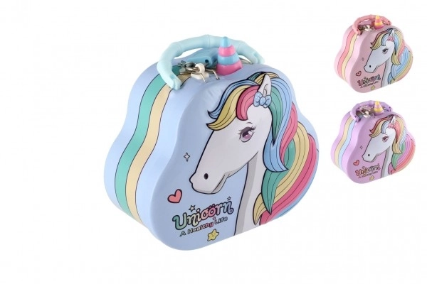 Tirelire sac à main licorne en métal avec serrure 15x14cm 3 couleurs dans une boîte en plastique