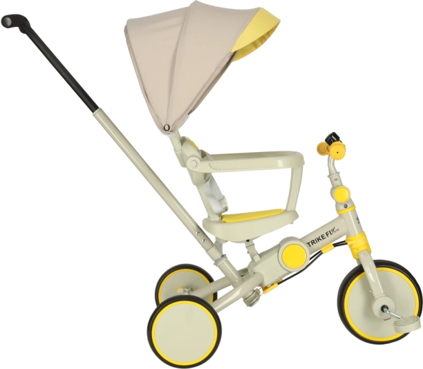 Tricycle enfant TRIKE FIX V4 6-en-1 avec tige de guidage et auvent – jaune-gris