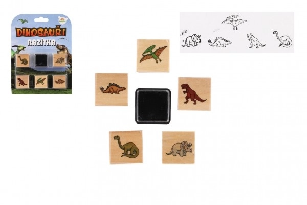 Tampons en bois 5+1 avec coussinet dinosaures 3x3cm sur carte