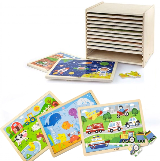 Puzzle en bois Viga – set de 12 puzzles encadrés de 24 pièces sur support