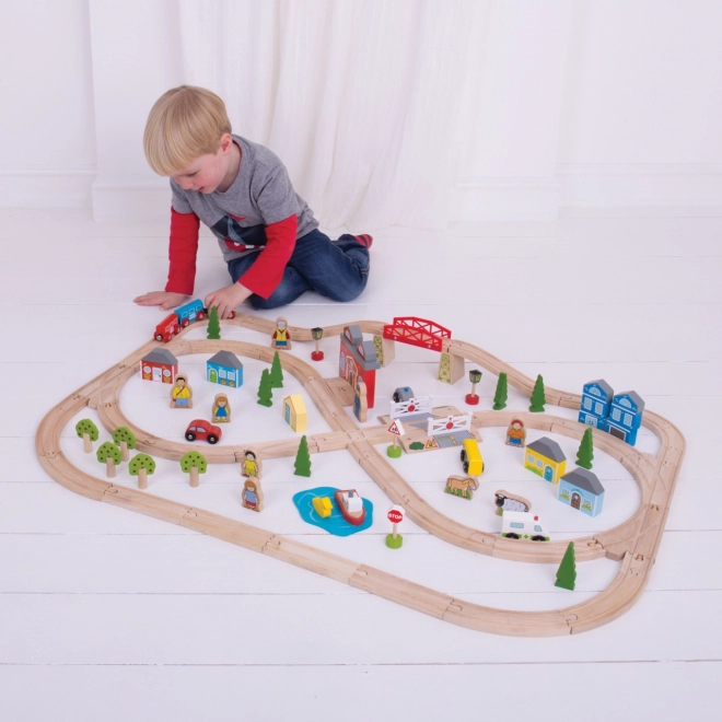 Bigjigs Rail Circuit de train en bois ville et village 101 pièces