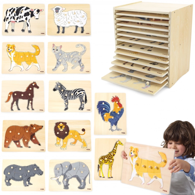Ensemble de puzzles en bois 12 animaux Montessori avec support Viga