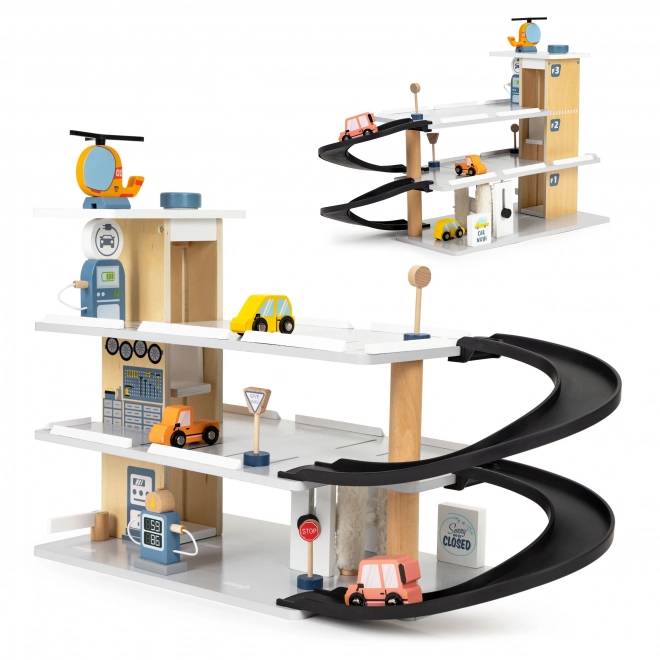 Garage en bois avec ascenseur et petites voitures ECOTOYS