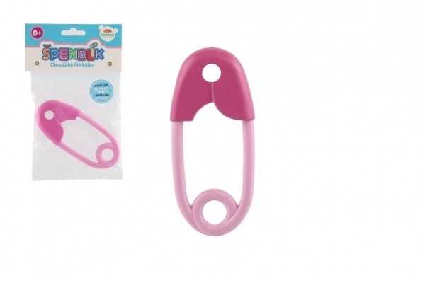Hochet épingle plastique 12cm rose 12x19cm dans un sachet 0+