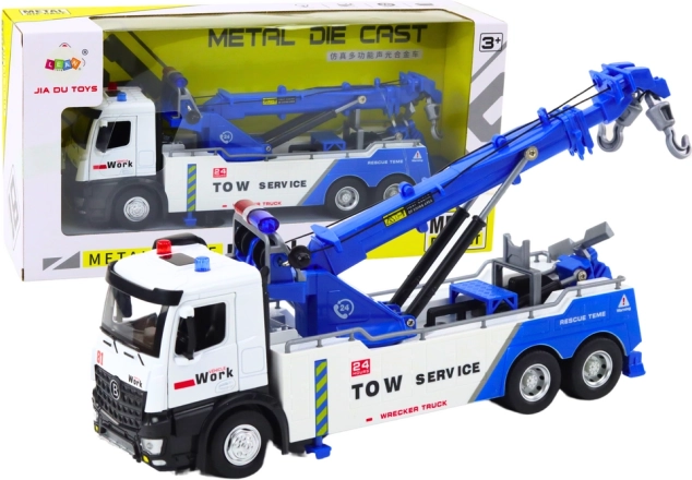 Grue automotrice en métal avec deux crochets, blanc et bleu, avec lumières et sons