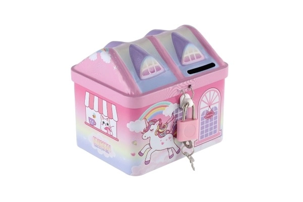 Tirelire maison Licorne en métal avec cadenas rose