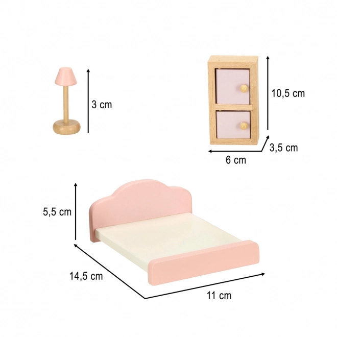 Meubles en bois pour maison de poupées - salon, chambre à coucher, salle de bain, cuisine rose