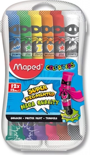Gouaches en tubes 12×12 ml dans une boîte en plastique MAPED