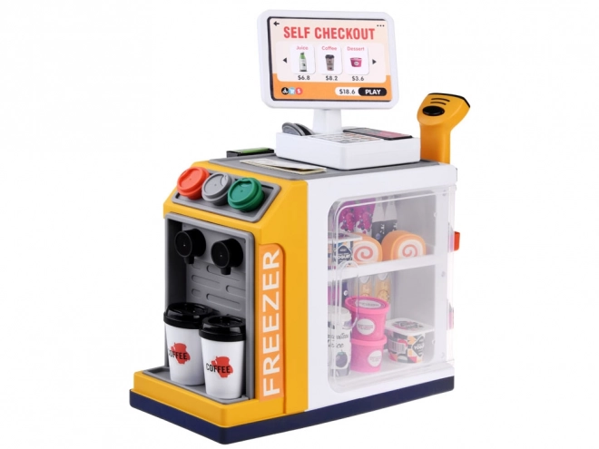 Magasin libre-service avec machine à café et réfrigérateur