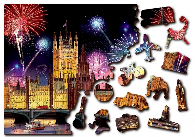 Puzzle en bois Londres la nuit avec feu d’artifice