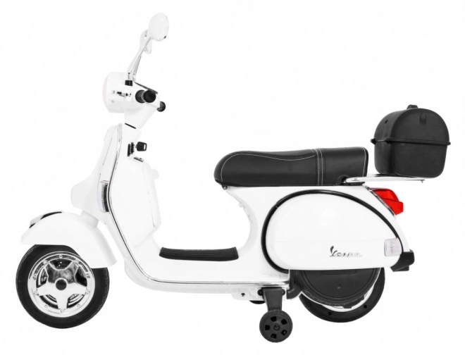 Scooter électrique pour enfants Vespa blanc avec roulettes auxiliaires, audio et similicuir