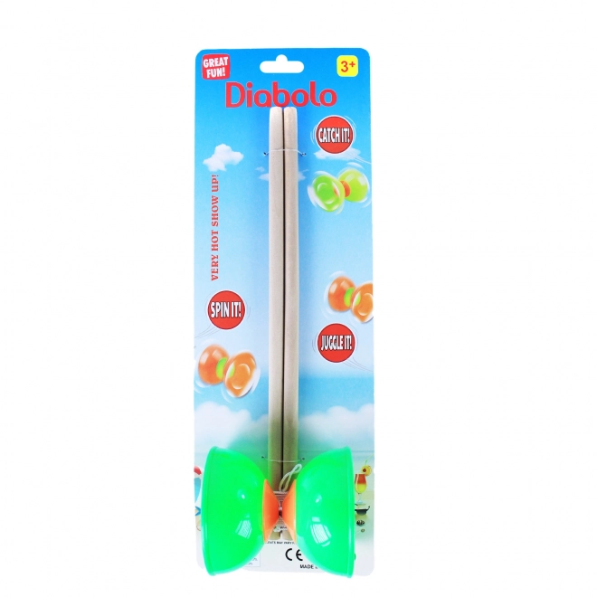 Jouet diabolo avec calices en plastique vert et baguettes en bois