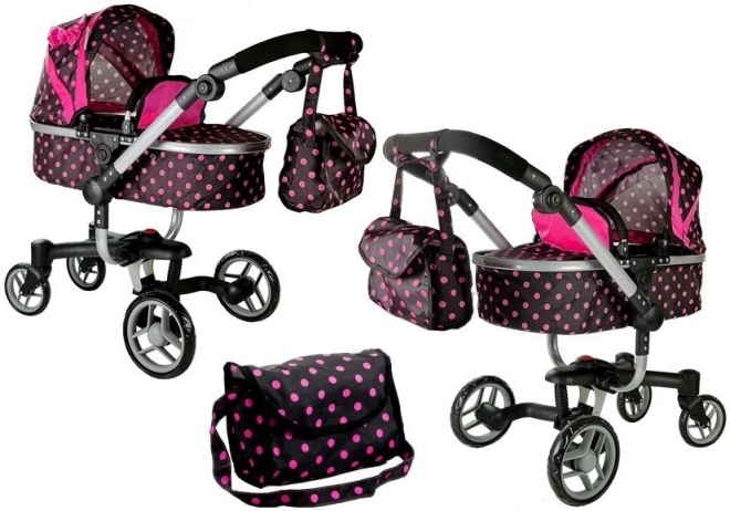 Poussette pour poupées noire avec des pois roses