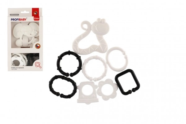 Anneau de dentition animal + pendentifs en plastique noir et blanc 3 types en boîte 13x23x3cm 0m+