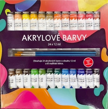 Peintures acryliques 24x12ml avec 3 pinceaux aussi pour céramique, verre, pierres dans une boîte de 22x22x2cm