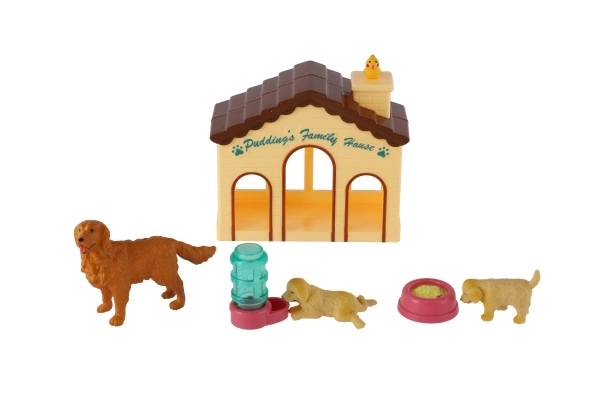 Chiens 3pcs avec maisonnette/cabane en plastique avec accessoires sur carte 15x25x5cm
