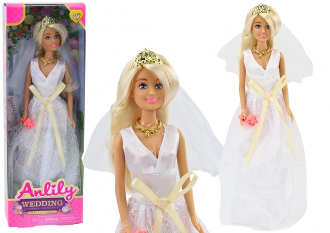 Poupée Anlily en robe de mariée avec bouquet de fleurs et couronne