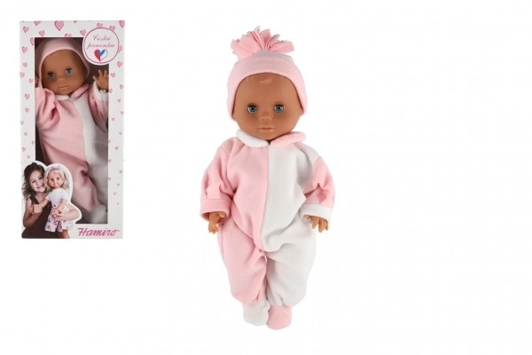 Poupon Hamiro 40cm, corps rigide ensemble blanc et rose + bonnet rose en boîte 20x43x13cm