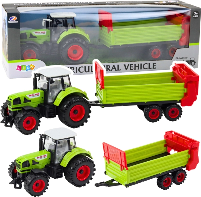 Tracteur avec remorque à inertie, capot et portes ouvrants, vert