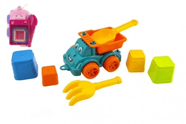 Ensemble pour le sable 6pcs voiture en plastique à roue libre avec accessoires 2 couleurs dans un filet 16x13x21cm 12m+