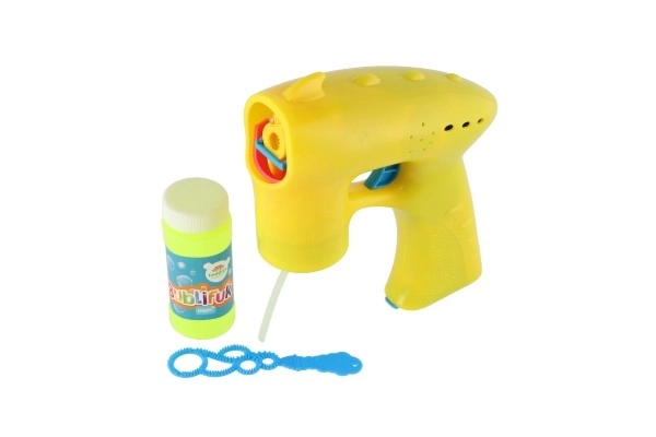 Pistolet à bulles jaune en plastique 13cm + 1 recharge à piles sur carte
