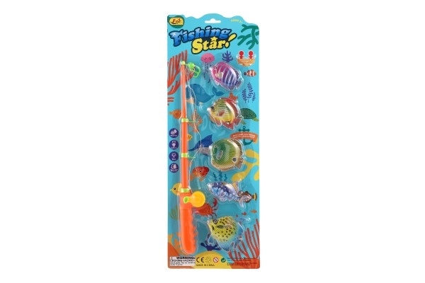 Jeu de pêcheurs/poissons magnétique plastique 5pcs+canne plastique 39cm 2 couleurs sur carte