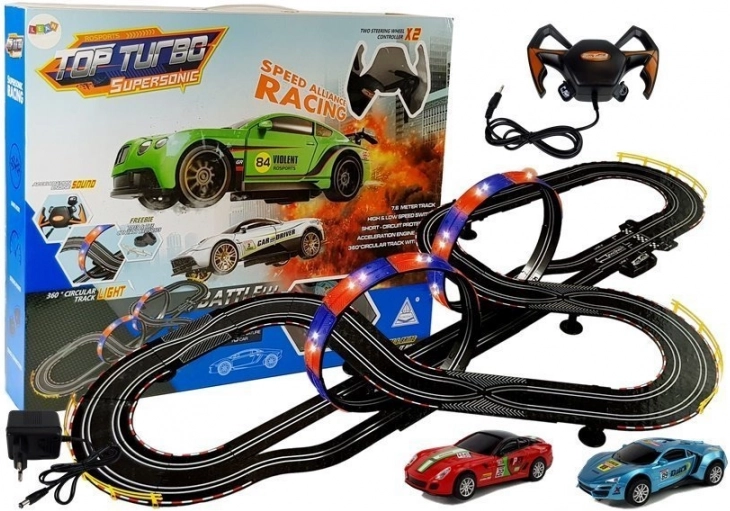 Circuit de course 1:43 avec 2 petites voitures Top Turbo avec lumières, longueur 7,6 m