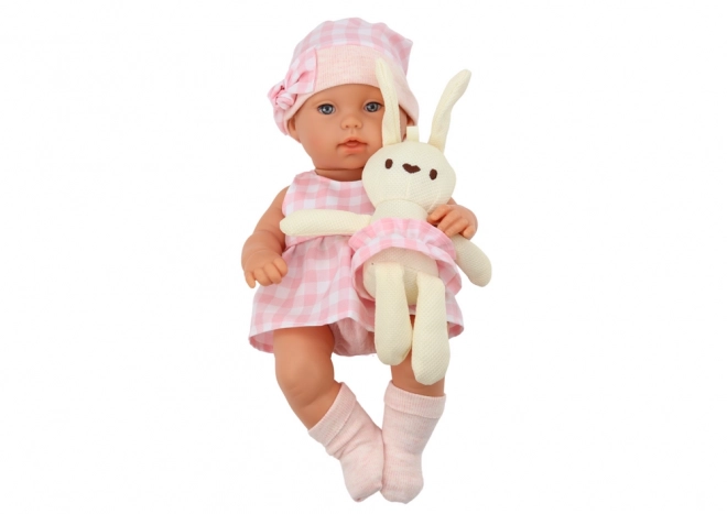 Poupée Bébé avec Porte-bébé Lapin en Vêtements à Carreaux Roses