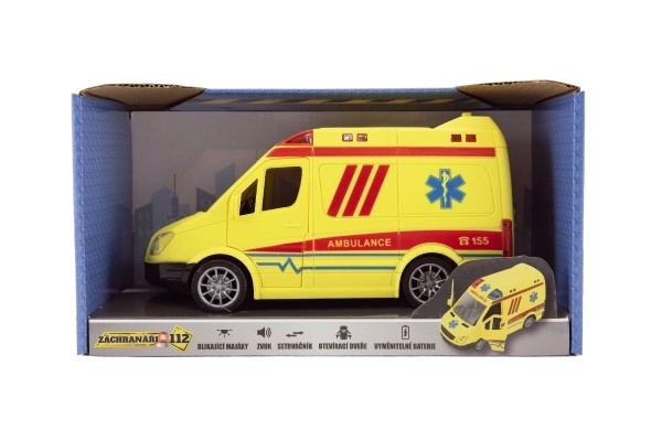 Ambulance jouet plastique 20cm à inertie sur piles avec son et lumière dans boîte 26x15x12cm