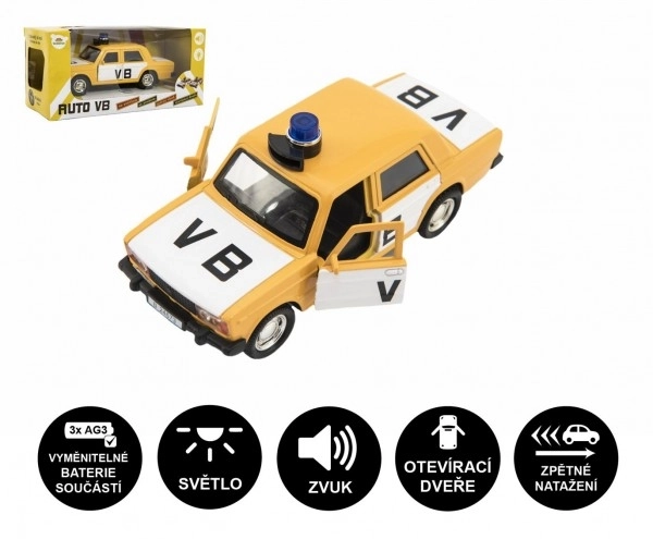 Voiture de police VB métal/plastique 12cm à rétrofriction avec piles, lumière, son, dans boîte 15x7x7cm