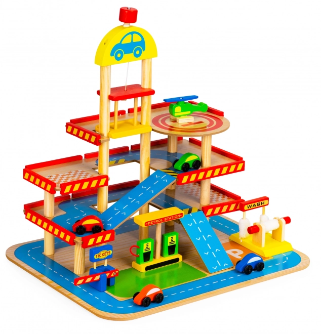 ECOTOYS Garage en bois à étages avec ascenseur, héliport et autres accessoires