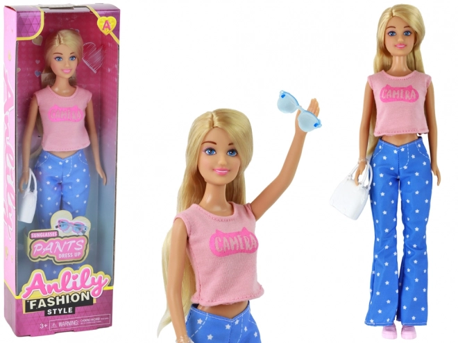 Poupée Anlily aux longs cheveux blonds, avec sac à main et lunettes