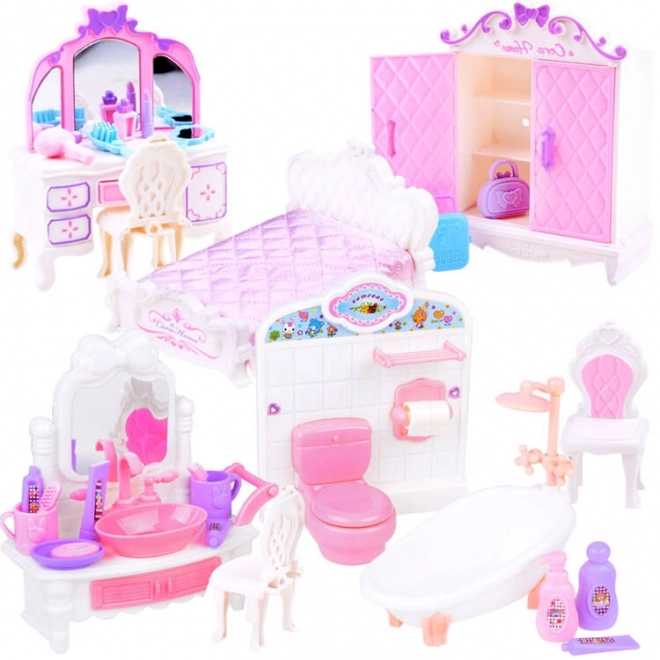 Grand ensemble de meubles pour maison de poupée - Salle de bain et chambre