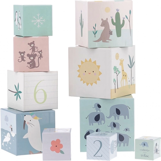 VILAC tour empilable en cubes – animaux du monde et chiffres 1–10