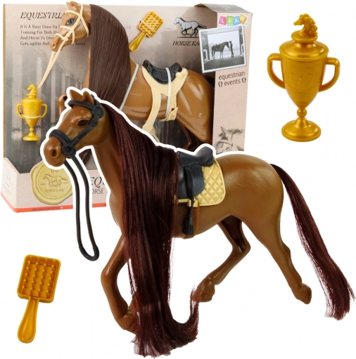 Cheval à longue crinière avec accessoires, couleur brune