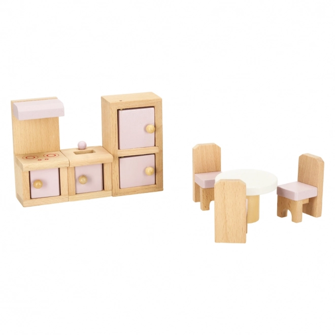 Meubles en bois pour maison de poupées - salon, chambre à coucher, salle de bain, cuisine rose