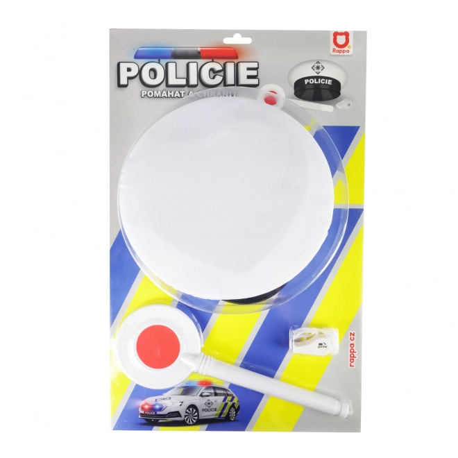 Ensemble de police de circulation tissu/plastique casquette, bâton, sifflet sur carte 30x48x8cm