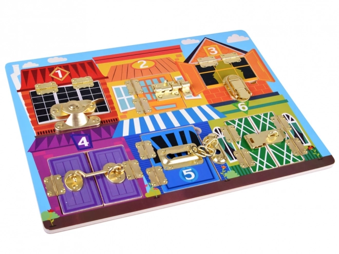 Tableau sensorimoteur avec serrures pour enfants