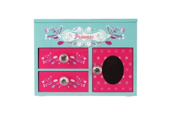 Boîte à bijoux Princess 3 tiroirs avec dessus rabattable et miroir bois 16x12,5x12cm en boîte
