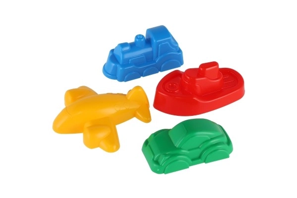 Moules Gâteaux de Sable 4pcs plastique véhicules dans un filet 12m+