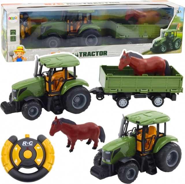 Tracteur vert avec remorque et cheval télécommandé