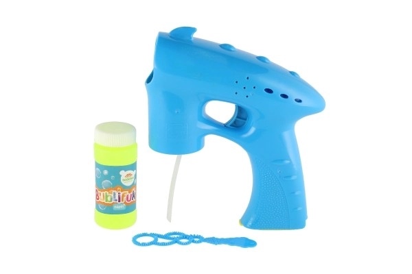 Pistolet à bulles bleu plastique 13cm + recharge à piles sur carte