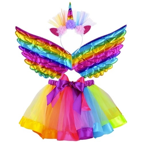 Costume de Licorne avec jupe arc-en-ciel et ailes