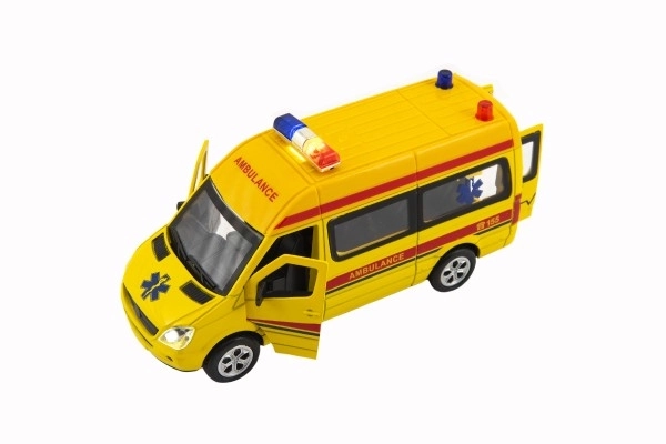 Auto ambulance métal/plastique 15cm à piles avec lumière et son à remontage arrière 6pcs en boîte