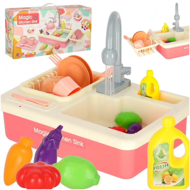 Évier de cuisine pour enfants avec vraie eau et accessoires roses