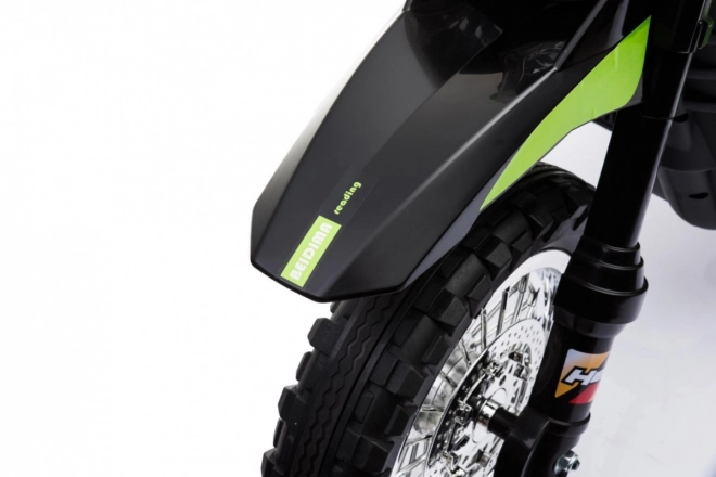 Moto cross électrique pour enfants à batterie – verte, avec roulettes stabilisatrices et feux LED