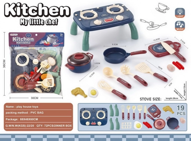 Ensemble de cuisine avec cuisinière, vaisselle et aliments